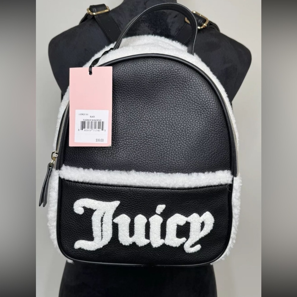 Juicy Couture Black & White Faux Sherpa Flashback Small Backpack